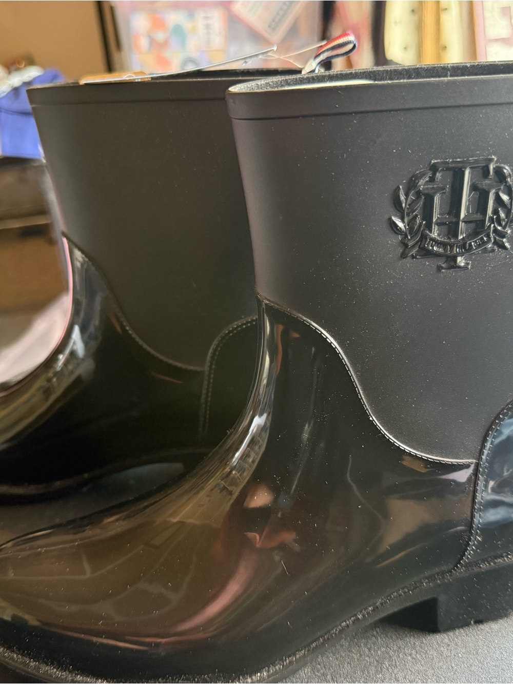 Tommy Hilfiger Black Glossy Rain Boots with Crest Detail